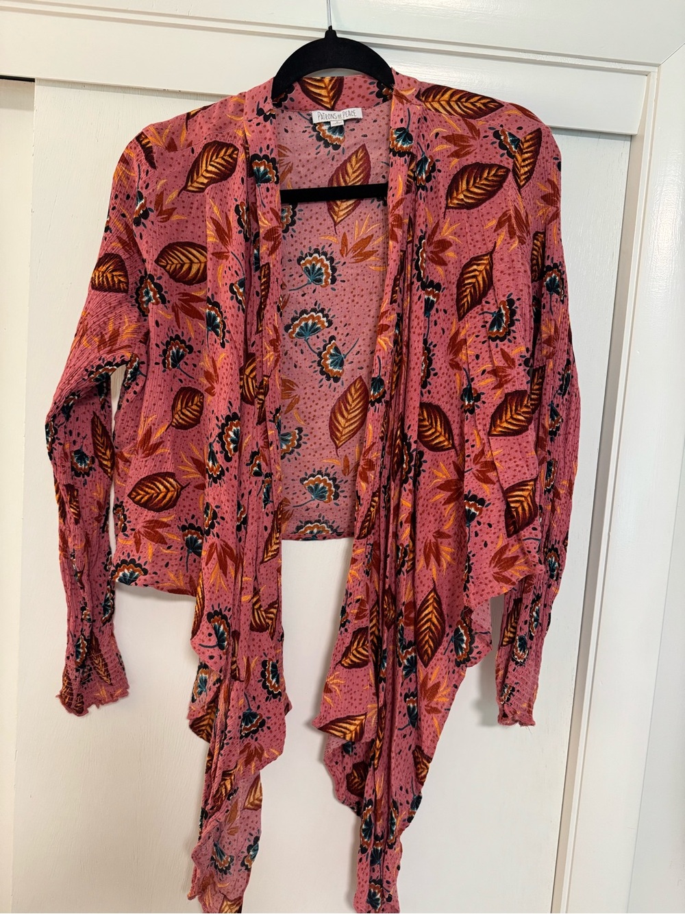Patrons of Peace Pink Floral Leaf Drape Cardigan with Teal Accents